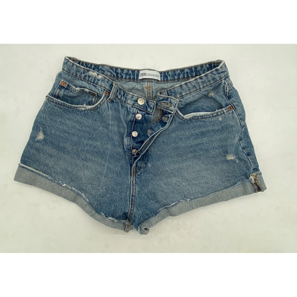 Zara‎ Womens High Rise Distressed Denim Shorts Medium Wash Button Fly Size 12 - Picture 2 of 9